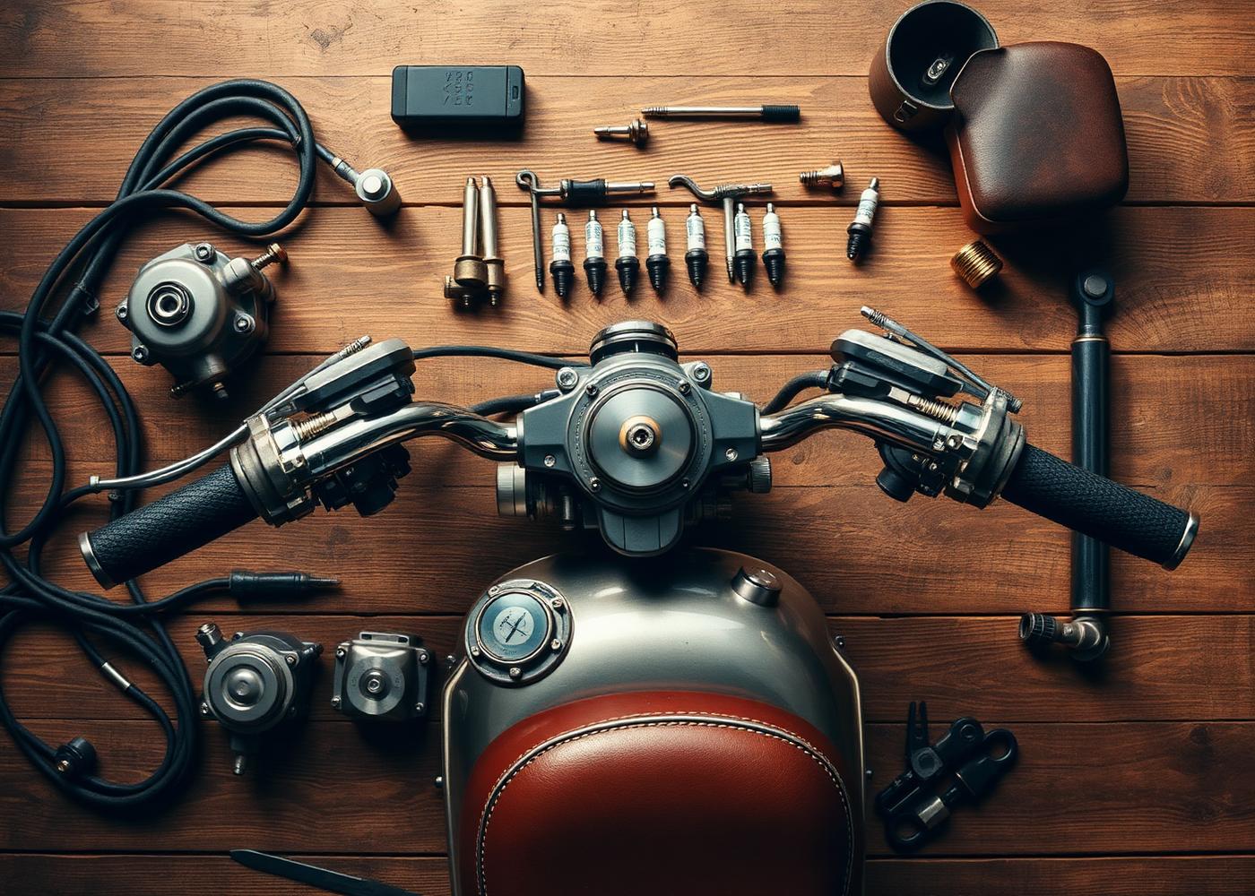Flat lay of vintage motorcycle parts on workshop wood