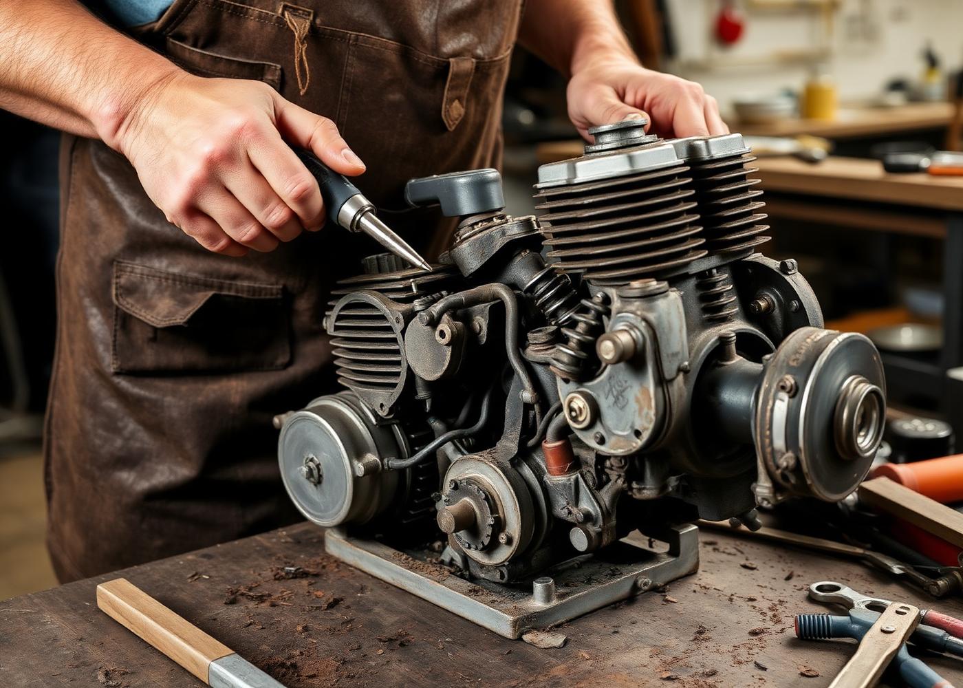 Mechanic working on a vintage engine
